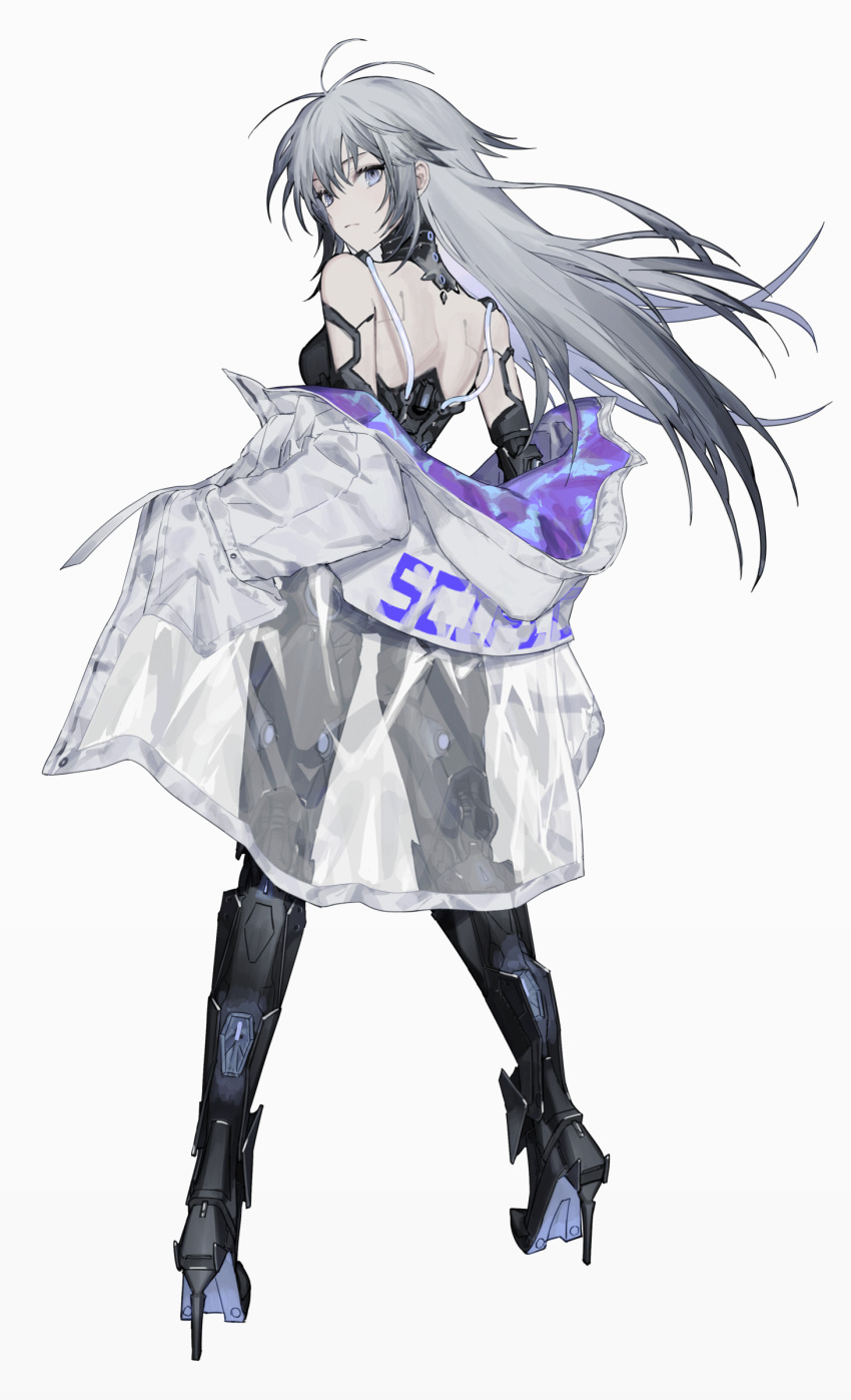 1girl, absurdres, android, bare_shoulders, expressionless, grey_eyes, grey_hair, high_heels