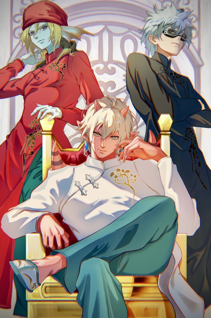 3boys, aqua_pants, aqua_skin, bandana, blonde_hair, chinese_clothes, chromatic_aberration, clothing_request