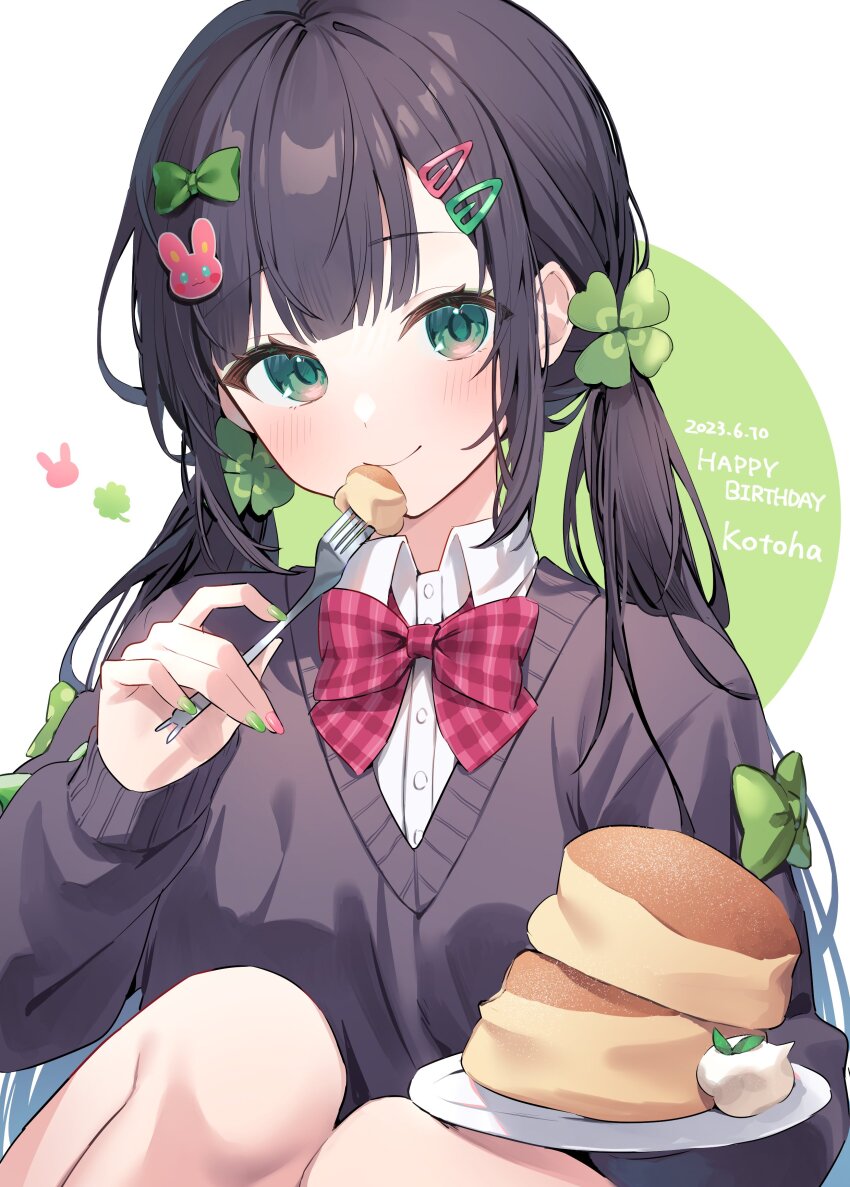 1girl, absurdres, bare_legs, black_hair, bow, bowtie, cake, character_name, clover_hair_ornament, dated, dress_shirt, food, fork, green_background, green_hair, green_nails, hair_ornament, hairclip, hakoniwalily, happy_birthday, highres, holding, holding_fork, holding_plate, honeyworks, kotoha_(hakoniwalily), low_twintails, pink_nails, plate, rabbit_hair_ornament, shirt, simple_background, sitting, smile, solo, sweater, twintails, two-tone_background, upper_body, white_background, yuzutouhu_ika