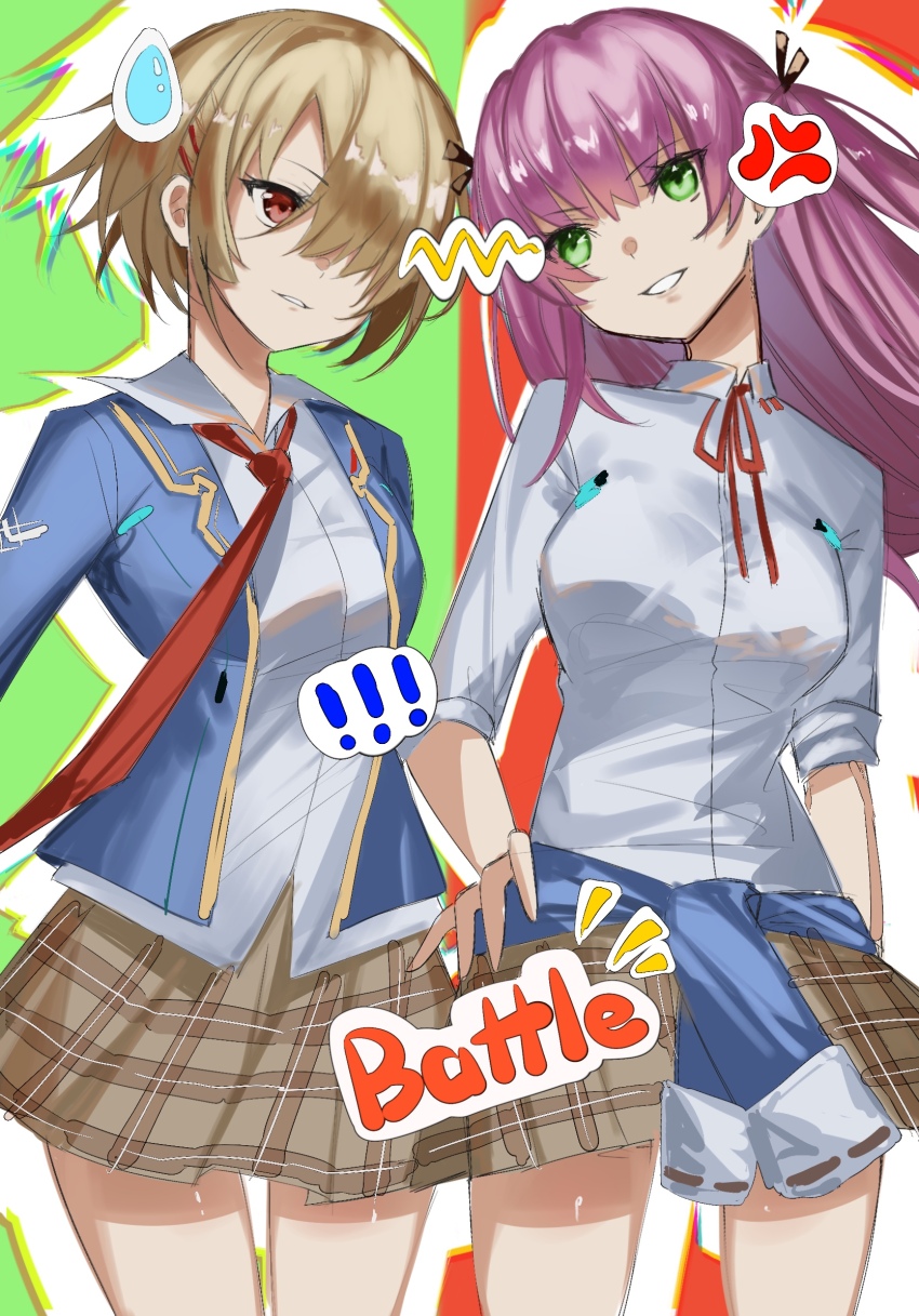 2girls, aikawa_megumi, blonde_hair, blue_jacket, breasts, clothes_around_waist, green_eyes, hair_ornament, hair_over_one_eye, hairclip, heaven_burns_red, highres, jacket, kayamori_ruka, kr_woyue, long_hair, multiple_girls, necktie, one_eye_covered, pink_hair, red_eyes, red_necktie, ribbon, shirt, short_hair, two_side_up, white_shirt