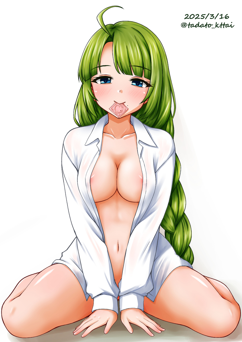 1girl, ahoge, areola_slip, blue_eyes, braid, breasts, collared_shirt, condom