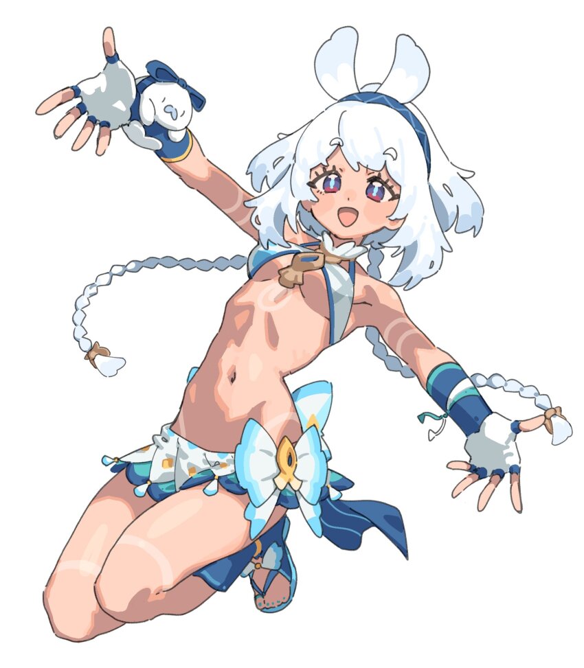 1girl, :d, bikini, blue_bikini, blue_bow, blue_eyes, blue_gloves, blue_hair