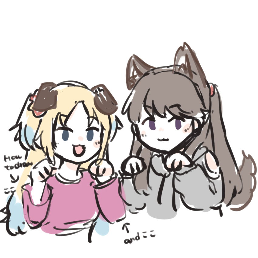 2girls, animal_ears, ao_kaeru, blonde_hair, blue_eyes, blue_hair, brown_hair, clothing_cutout