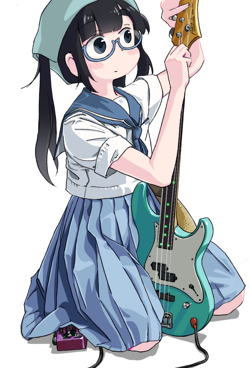 1girl, bass_guitar, black_eyes, black_hair, blue-framed_eyewear, blue_neckerchief, blue_sailor_collar, blue_skirt