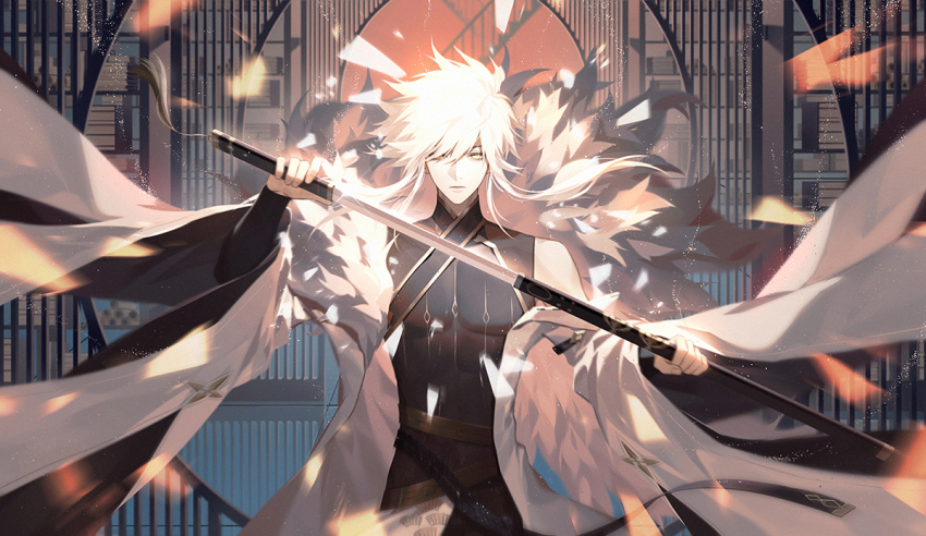 1boy, bare_shoulders, bishounen, building, closed_mouth, coat, cowboy_shot, detached_sleeves