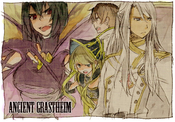 2boys, 2girls, abysmal_knight, bad_id, black_hair, border, breasts, brown_hair, buttons, closed_mouth, coat, commentary_request, dress, frown, heinrich_(ragnarok_online), himmelmez, khalitzburg_(ragnarok_online), lala_(sputnik), long_hair, medium_breasts, multiple_boys, multiple_girls, open_mouth, purple_dress, ragnarok_online, red_eyes, short_hair, smile, upper_body, visor_(armor), white_border, white_coat, white_hair