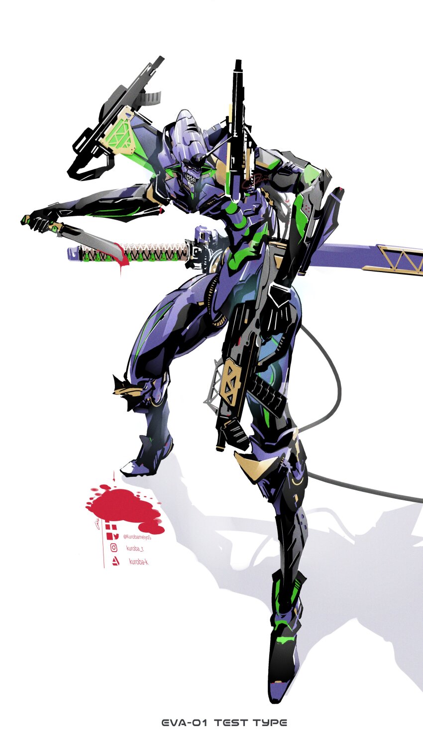 1other, absurdres, armor, blood, bloody_weapon, character_name, eva_01, green_armor