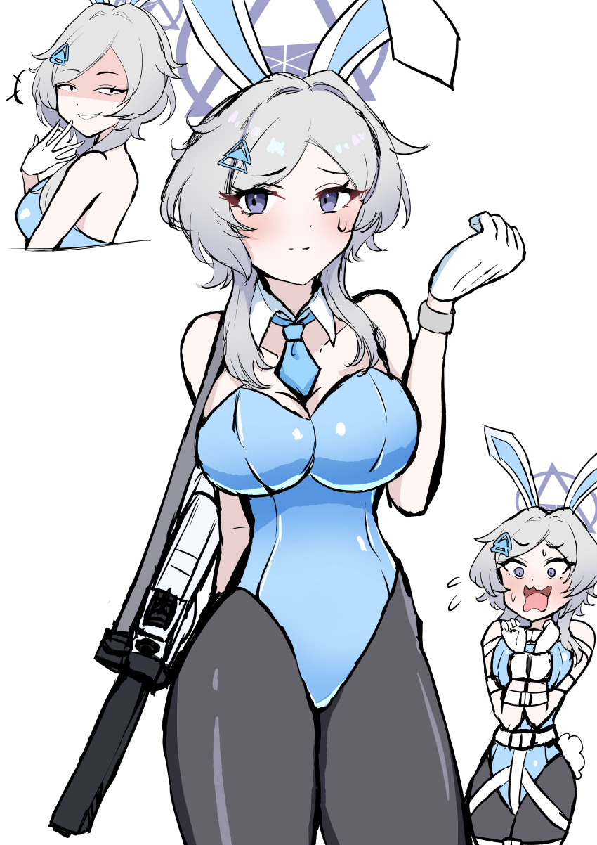 1girl, absurdres, alternate_costume, animal_ears, bdsm, blue_archive, blue_leotard, bondage