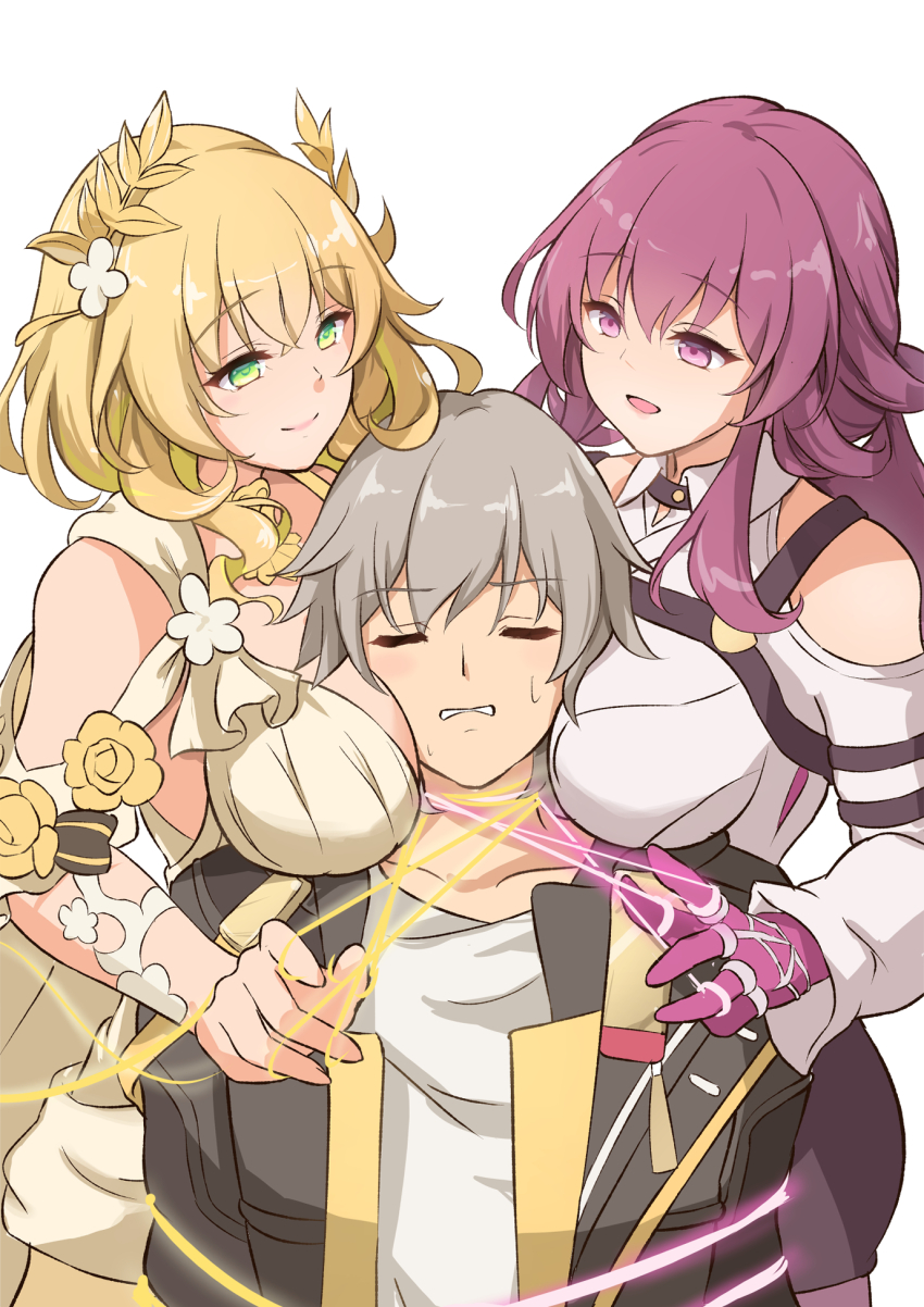 1boy, 2girls, aglaea_(honkai:_star_rail), aose_saratoga, black_coat, black_shorts, blonde_hair, bound, breasts, caelus_(honkai:_star_rail), closed_eyes, clothing_cutout, coat, collared_shirt, commentary_request, dress, gloves, green_eyes, grey_hair, high-waist_shorts, highres, honkai:_star_rail, honkai_(series), kafka_(honkai:_star_rail), large_breasts, laurel_crown, multiple_girls, open_clothes, open_coat, open_mouth, purple_eyes, purple_gloves, purple_hair, sandwiched, shirt, shorts, shoulder_cutout, simple_background, smile, spider_web_print, tied_up_(nonsexual), trailblazer_(honkai:_star_rail), white_background, white_dress, white_shirt