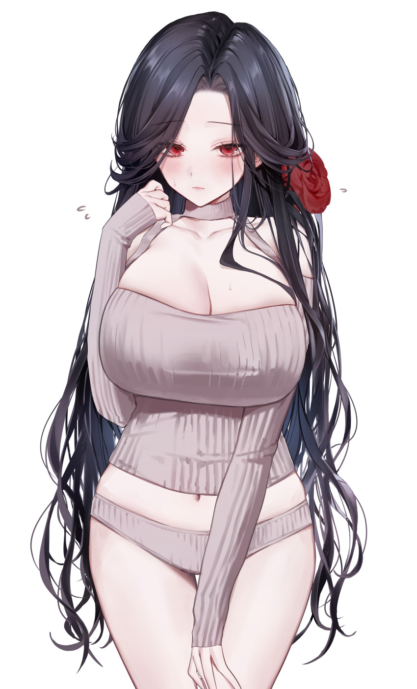 1girl, absurdres, black_hair, breasts, cleavage, collarbone, flower, goddess_of_victory:_nikke