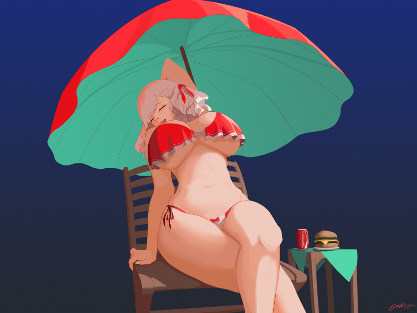 1girl, absurdres, arm_behind_head, arm_up, beach_umbrella, bikini, blue_background, blue_umbrella, bow, breasts, cleavage, crossed_legs, food, girls'_frontline, girls'_frontline_2:_exilium, grey_hair, hair_bow, highres, huge_breasts, large_breasts, multicolored_bikini, multicolored_umbrella, navel, nishibuya, official_alternate_costume, red_bikini, red_umbrella, sabrina_(girls'_frontline_2), sabrina_(strawberry_zabaione)_(girls'_frontline_2), side-tie_bikini_bottom, sitting, solo, spas-12_(girls'_frontline), swimsuit, umbrella, white_bikini