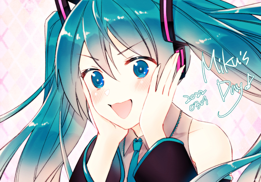 1girl, :d, aqua_eyes, aqua_hair, aqua_necktie, black_sleeves, blush, collared_shirt