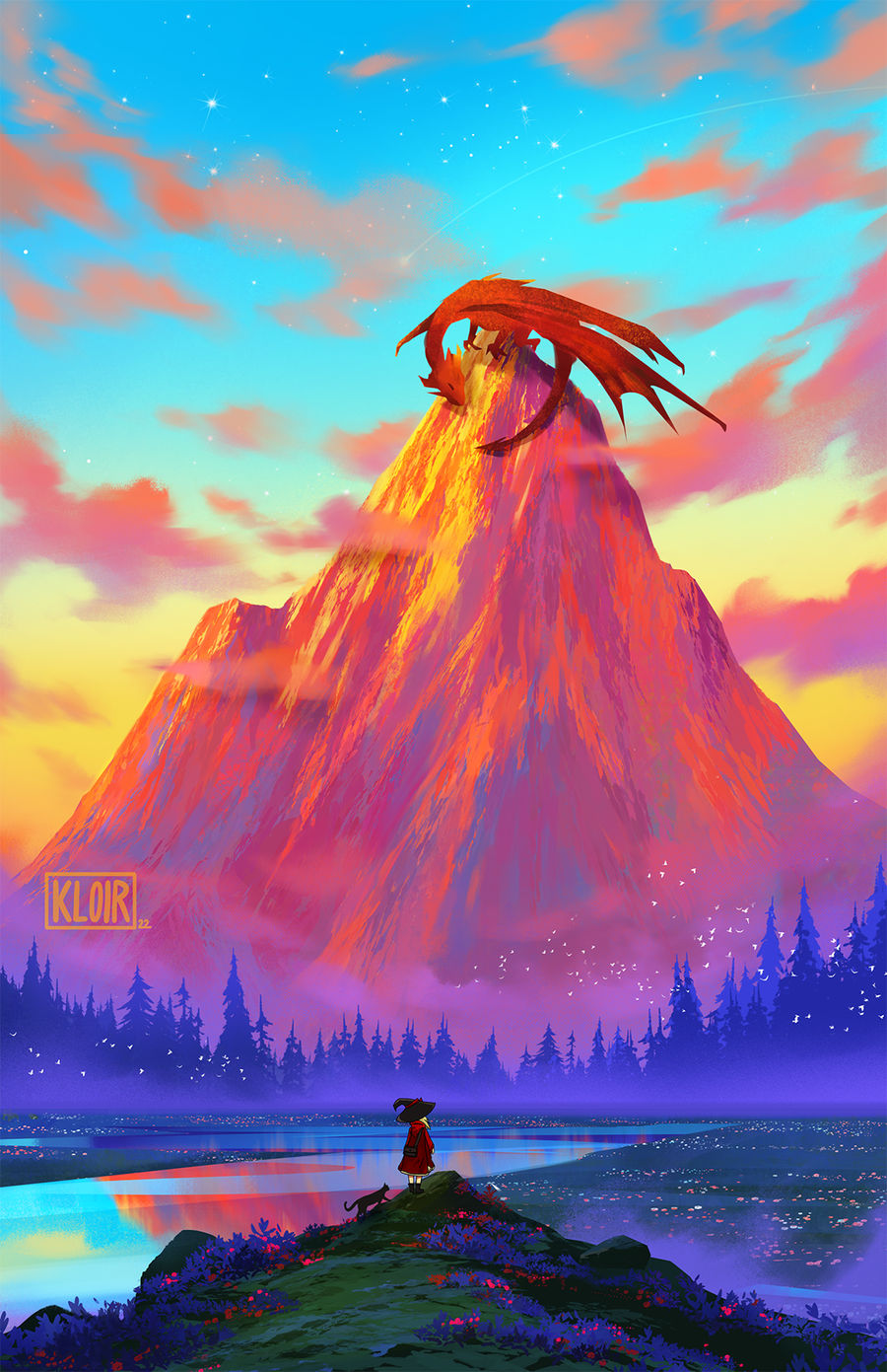 1girl, animal, bird, blue_sky, cat, cloud, commentary, day