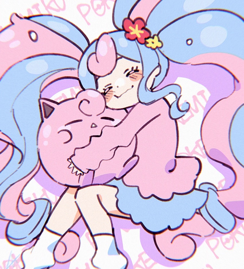 1girl, :i, ^_^, blue_hair, blue_skirt, blush, closed_eyes, fairy_miku_(project_voltage)