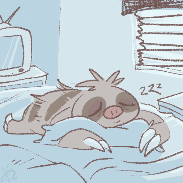 animal, brown_fur, claws, clovercoin, gen_3_pokemon, grey_fur, indoors, lying, nintendo, no_humans, on_bed, on_stomach, pokemon, pokemon_(creature), slakoth, sleeping, solo, television, two-tone_fur, zzz