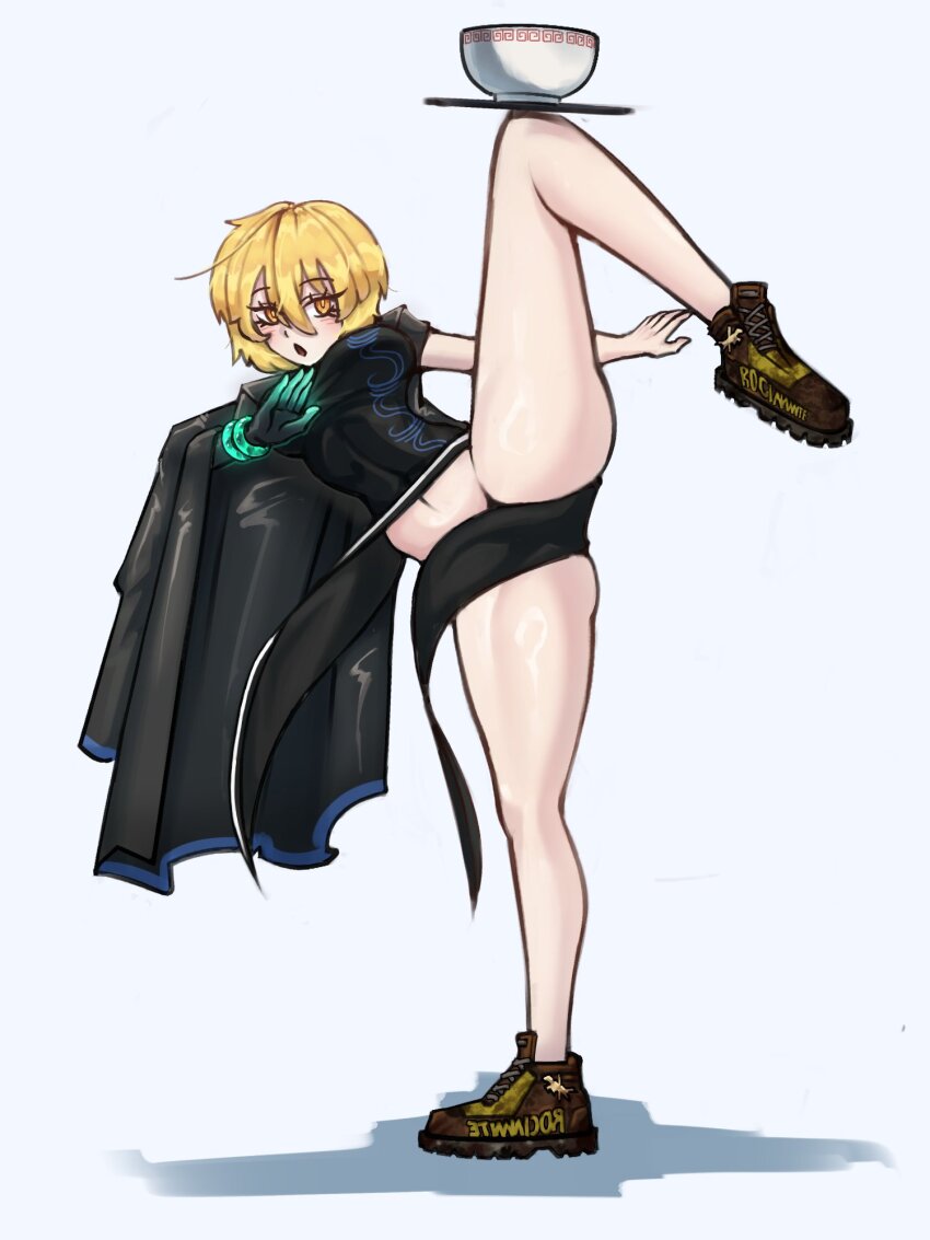 1girl, ass, black_coat, black_dress, black_gloves, blonde_hair, blush, bowl, boyarishn1ck, bracelet, breasts, china_dress, chinese_clothes, cinq_association_east_uniform, coat, coat_on_shoulders, commentary, don_quixote_(project_moon), dress, elbow_gloves, english_commentary, gloves, highres, jewelry, large_breasts, leg_up, limbus_company, looking_at_viewer, navel, no_panties, open_mouth, project_moon, round_eyewear, shoes, short_hair, short_sleeves, simple_background, single_glove, slit_pupils, solo, standing, standing_on_one_leg, tray, white_background, yellow_eyes