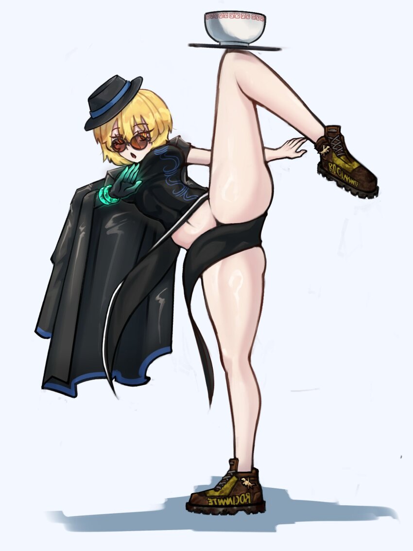 1girl, ass, black_coat, black_dress, black_gloves, black_hat, blonde_hair, bowl