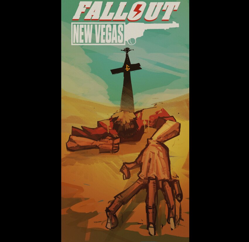 1boy, absurdres, building, copyright_name, courier_(fallout:_new_vegas), crawling, english_text, fallout