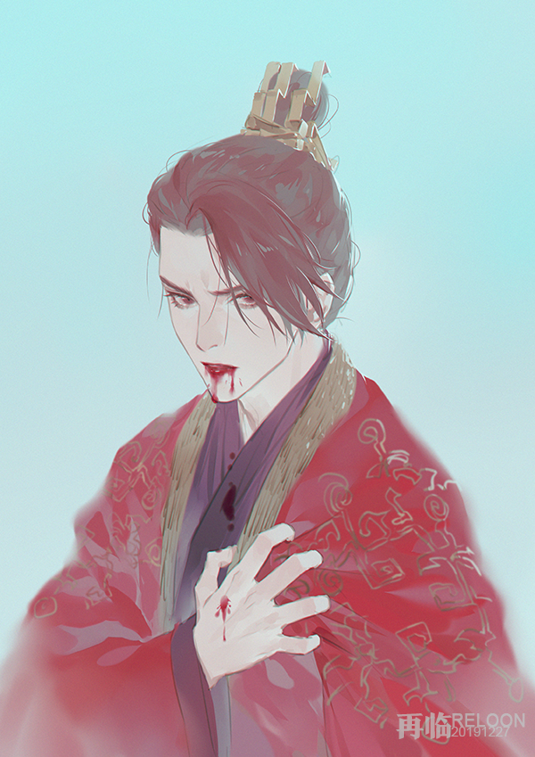 1boy, artist_name, blood, blood_from_mouth, blood_on_face, blue_background, brown_eyes, brown_hair