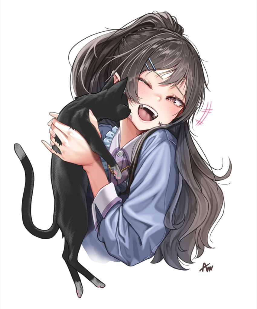 +++, 1girl, :d, am_serr, animal, black_cat, blue_shirt, blush