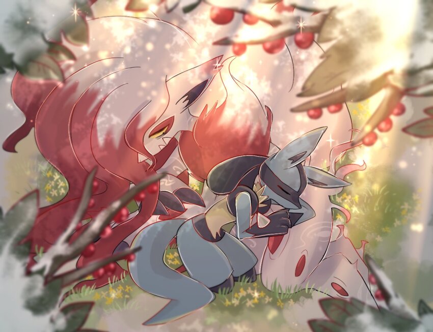 black_fur, blue_fur, gen_4_pokemon, grass, hisuian_zoroark, lucario, nintendo, pokemon, pokemon_(creature), prrll_kzk, red_fur, sleeping, tail, two-tone_fur, white_fur, yellow_background
