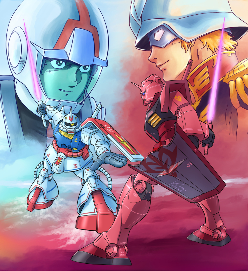 2boys, absurdres, amuro_ray, artist_name, blonde_hair, char_aznable, closed_mouth, commentary_request