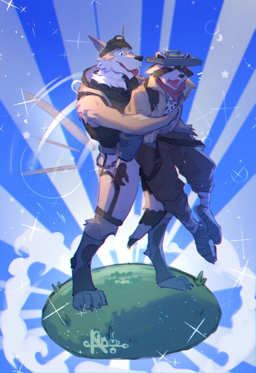 2boys, animal_ears, annoyed, blush, claws, closed_eyes, commentary, digitigrade