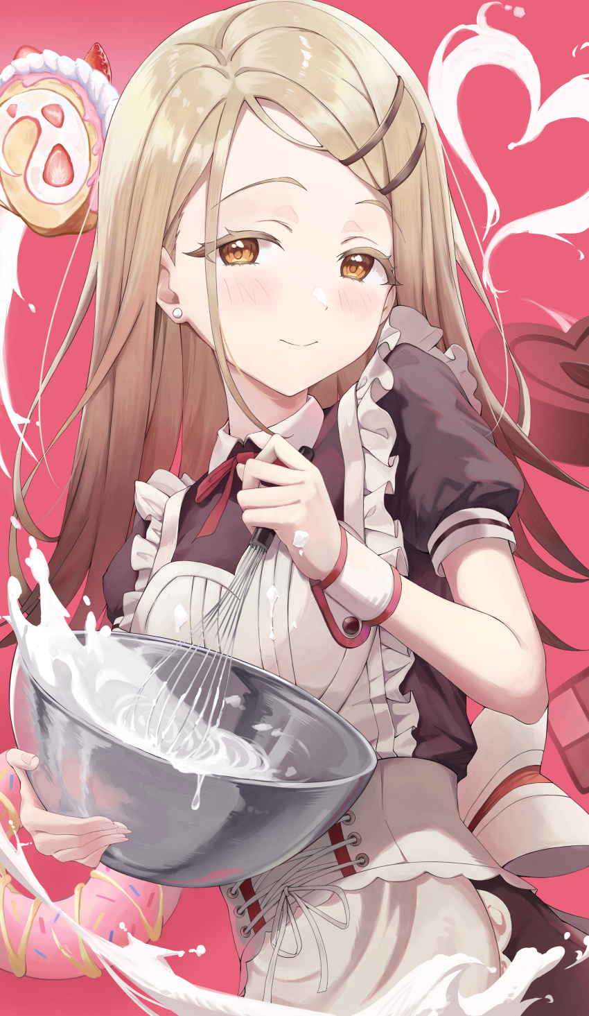 1girl, absurdres, alternate_costume, apron, black_dress, blonde_hair, blush, candy
