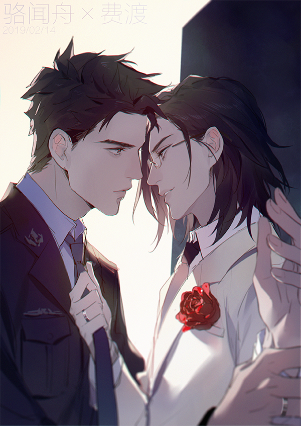 2boys, adjusting_clothes, adjusting_necktie, black_hair, brown_hair, character_name, clothes_grab, fei_du
