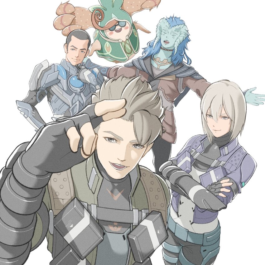 1girl, 4boys, armor, artist_request, black_hair, blue_hair, blue_jacket, blue_skin