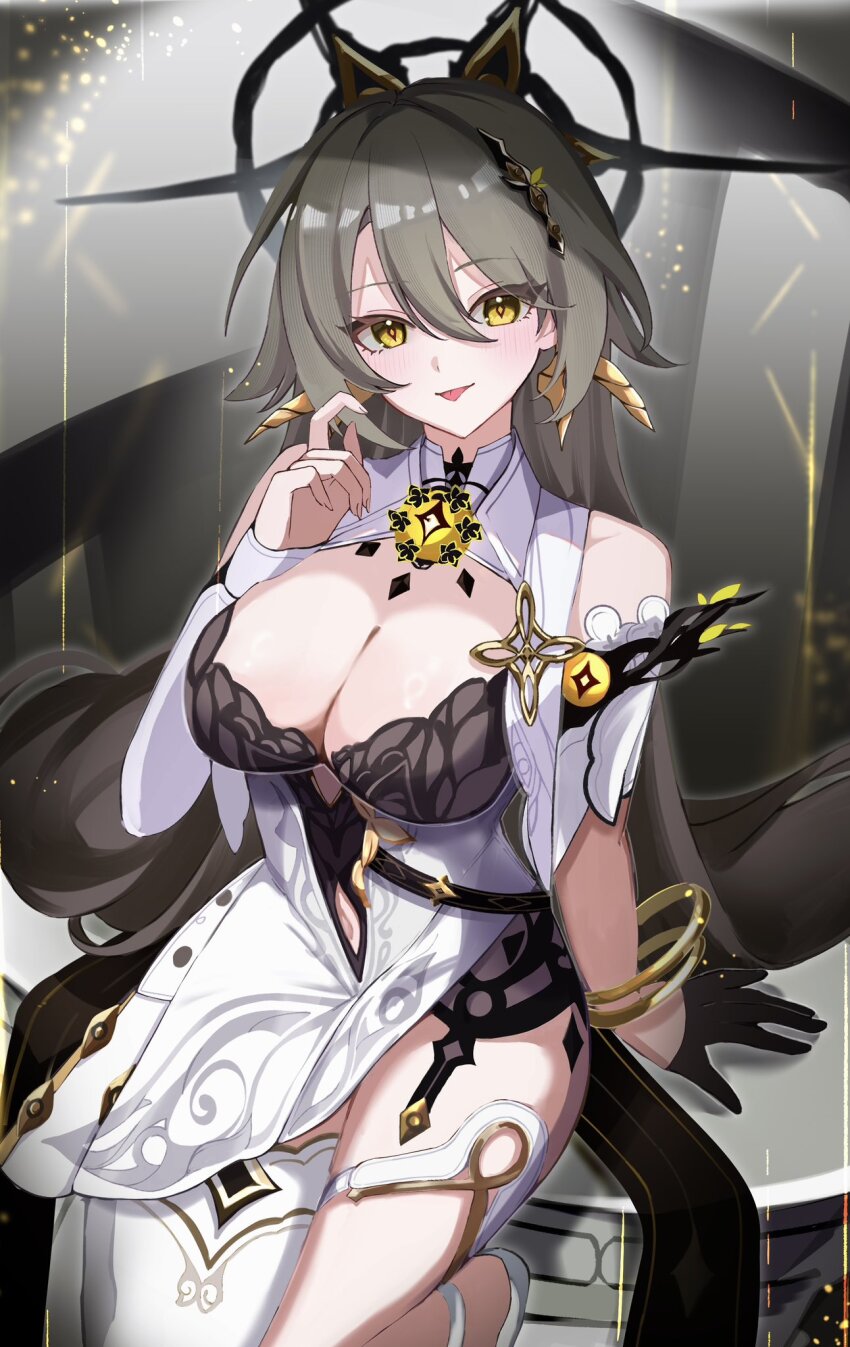1girl, black_gloves, bracelet, breasts, cleavage, clothing_cutout, commentary_request, dress, gloves, gold_bracelet, grey_hair, half_gloves, halo, highres, honkai_(series), honkai_impact_3rd, jewelry, large_breasts, long_hair, navel, navel_cutout, official_alternate_costume, single_glove, solo, tdatnst, tongue, tongue_out, very_long_hair, vita_(eldritch_vantage)_(honkai_impact), vita_(honkai_impact), white_dress, yellow_eyes