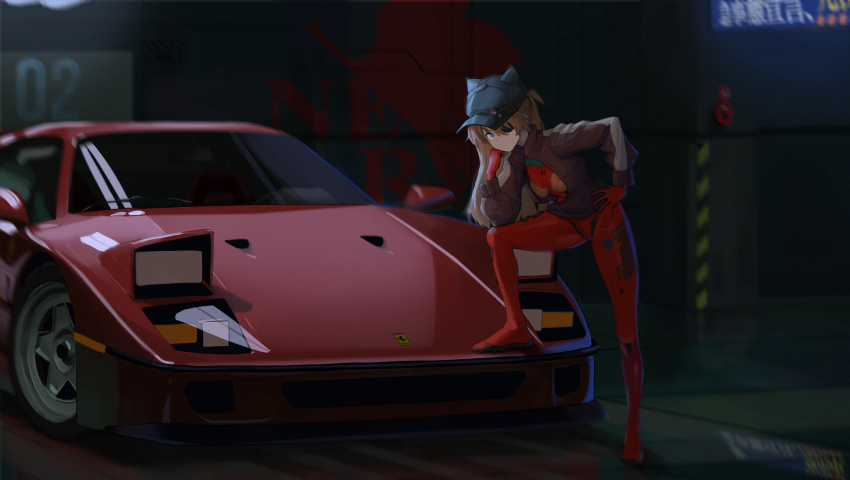 1girl, absurdres, black_hat, blue_eyes, bodysuit, brown_hair, car, eyepatch