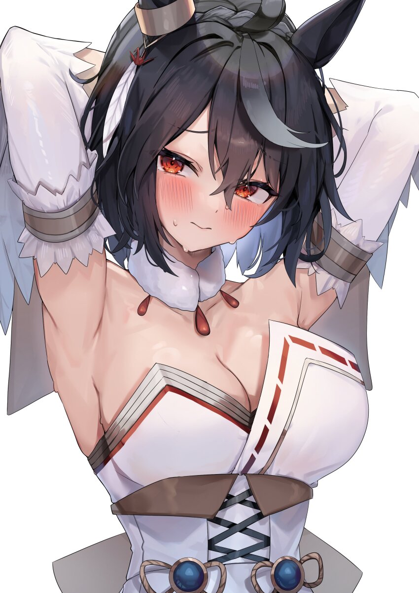 1girl, absurdres, animal_ears, armpits, arms_behind_head, arms_up, averting_eyes, bare_shoulders, black_hair, blush, closed_mouth, detached_sleeves, dress, ear_ornament, frilled_kimono, frills, fur_choker, hair_between_eyes, highres, horse_ears, horse_girl, japanese_clothes, kimono, kitasan_black_(jubilant_star_auspicious_crane)_(umamusume), kitasan_black_(umamusume), kuroshiro_kanae, looking_at_viewer, multicolored_hair, official_alternate_costume, red_eyes, ribbon-trimmed_kimono, ribbon_trim, short_hair, simple_background, solo, strapless, strapless_dress, streaked_hair, sweat, umamusume, upper_body, white_background, white_dress, white_hair