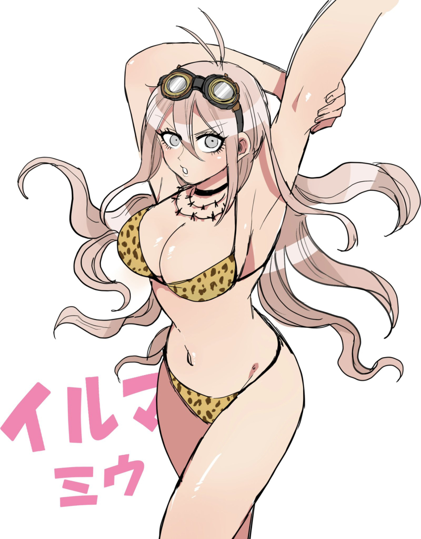 1girl, abe_riko, animal_print, antenna_hair, armpits, arms_up, barbed_wire, bikini, blonde_hair, blue_eyes, breasts, choker, cleavage, commentary_request, danganronpa_(series), danganronpa_v3:_killing_harmony, eyelashes, goggles, goggles_on_head, hair_between_eyes, highres, iruma_miu, large_breasts, leopard_print, leopard_print_bikini, light_blush, long_hair, looking_at_viewer, midriff, navel, partial_commentary, print_bikini, shiny_skin, simple_background, solo, stretching, swimsuit, thighs, very_long_hair, wavy_hair, white_background