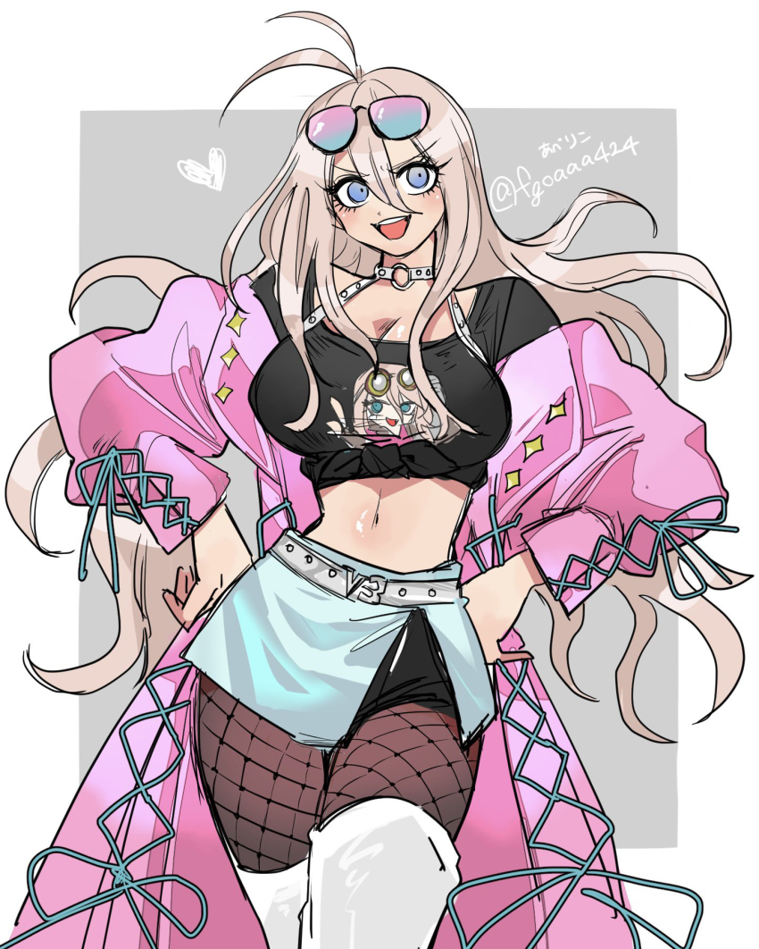 1girl, :d, abe_riko, alternate_costume, antenna_hair, belt, black_shirt, blonde_hair