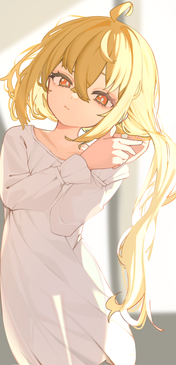 1girl, ahoge, blonde_hair, dress, flat_chest, hair_undone, hands_in_own_hair, highres, hijo_(nakare2845), looking_at_viewer, luciana_de_montefio, morning, pajamas, red_eyes, solo, sunlight, white_dress, zenless_zone_zero