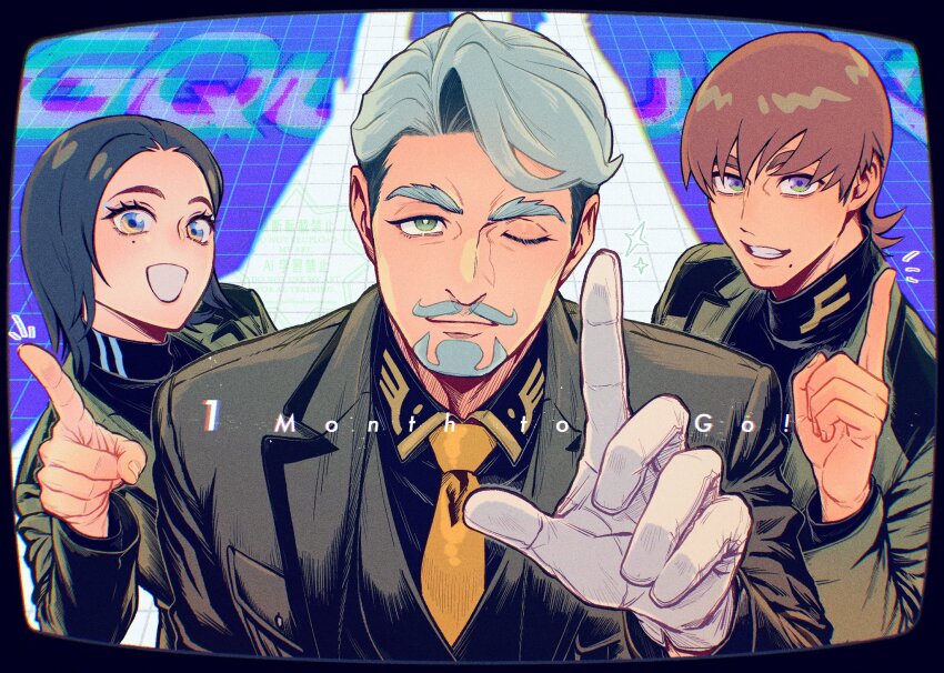 1girl, 2boys, beard, black_hair, blue_eyes, brown_hair, challia_bull, collared_shirt, comoli_harcourt, facial_hair, gloves, green_eyes, grey_hair, gundam, gundam_gquuuuuux, highres, index_finger_raised, jacket, long_sleeves, looking_at_viewer, military_uniform, mole, mole_under_eye, mole_under_mouth, momochi_(bmbmomomo), multicolored_eyes, multiple_boys, mustache, necktie, one_eye_closed, open_mouth, purple_eyes, shirt, short_hair, smile, thick_eyebrows, turtleneck, two-tone_eyes, upper_body, xavier_olivette, yellow_eyes