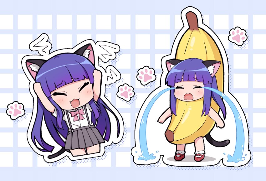 1girl, animal_ear_fluff, animal_ears, arms_up, banana_costume, blunt_bangs, blunt_ends, blush