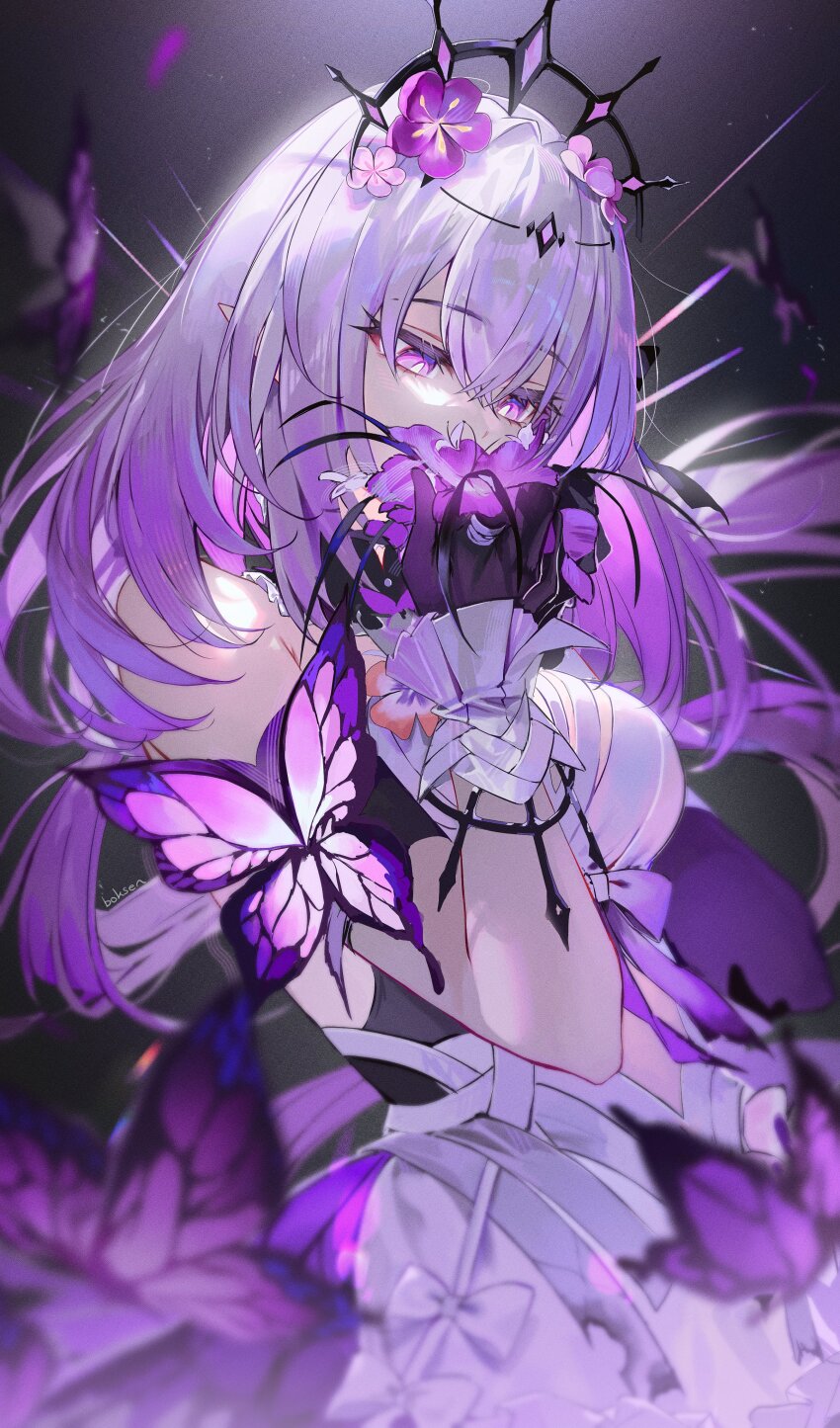 1girl, 9boksen, absurdres, bare_shoulders, black_background, black_tiara, breasts, butterfly_ornament, castorice_(honkai:_star_rail), flower, from_side, hair_flower, hair_ornament, hashtag-only_commentary, highres, holding, holding_flower, honkai:_star_rail, honkai_(series), long_hair, medium_breasts, pointy_ears, purple_eyes, purple_hair, purple_hands, solo, tiara, white_flower