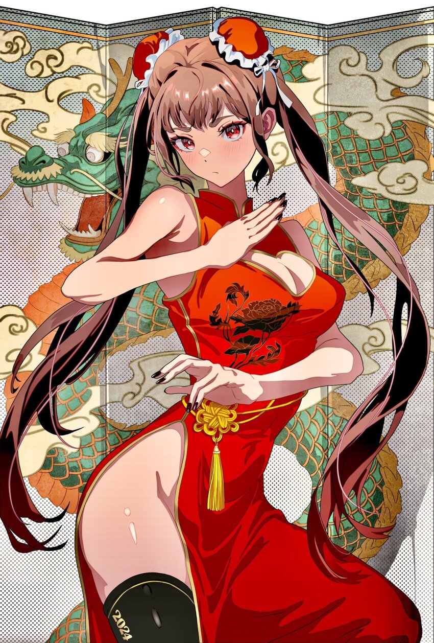 1girl, 2024, black_nails, black_thighhighs, breasts, brown_hair, bun_cover, china_dress