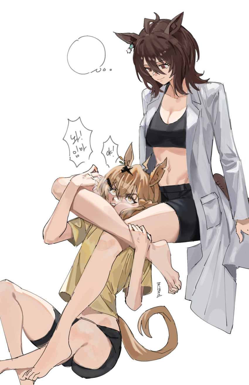 2girls, agnes_tachyon_(umamusume), ahoge, animal_ears, barefoot, black_shorts, black_sports_bra, breasts, brown_hair, chemical_structure, choke_hold, cleavage, coat, commentary_request, earrings, feet, hair_between_eyes, hair_ornament, highres, horse_ears, horse_girl, horse_tail, jewelry, jungle_pocket_(umamusume), lab_coat, matoi_sakuretsu, multicolored_hair, multiple_girls, open_clothes, open_coat, open_mouth, shirt, shorts, simple_background, single_earring, sitting, sleeves_past_fingers, sleeves_past_wrists, soles, sports_bra, strangling, streaked_hair, tail, toes, umamusume, white_background, white_hair, x_hair_ornament, yellow_shirt