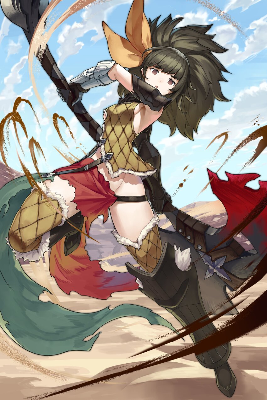 1girl, absurdres, arlin_(sin_chronicle), arm_armor, armor, armored_boots, blue_sky, boots