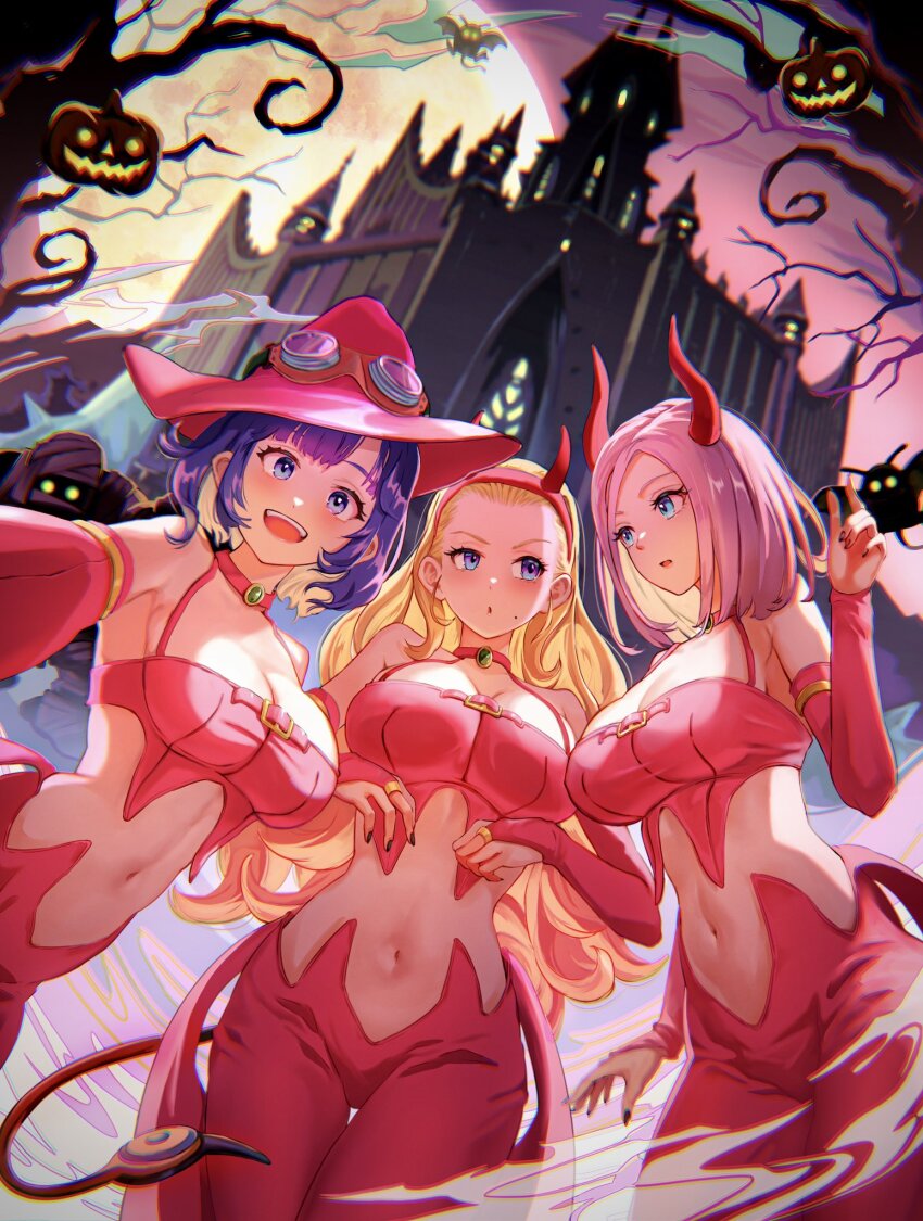 3girls, 3others, :d, anlucea, black_nails, blonde_hair, blue_eyes, blue_hair, blunt_bangs, bob_cut, branch, breasts, bridal_gauntlets, castle, choker, chromatic_aberration, cleavage, commentary_request, cosplay, cowboy_shot, curly_hair, demon_tail, dracky, dragon_quest, dragon_quest_x, fake_horns, fake_tail, full_moon, gem, goggles, goggles_on_headwear, gratzel_(dq10), gratzel_(dq10)_(cosplay), green_gem, grey_hair, hair_pulled_back, hairband, halloween, halloween_costume, halter_shirt, halterneck, hat, highres, horn_hairband, horns, illusia_(dq10), jack-o'-lantern, large_breasts, long_hair, looking_at_another, looking_at_viewer, looking_to_the_side, medium_hair, midriff, mole, mole_under_mouth, moon, multiple_girls, multiple_others, mummy, mummy_(dragon_quest), navel, numao_sub, open_mouth, pants, pink_bridal_gauntlets, pink_choker, pink_hairband, pink_hat, pink_horns, pink_pants, pink_shirt, seraphy_(dq10), shirt, smile, tail, thigh_gap, witch_hat