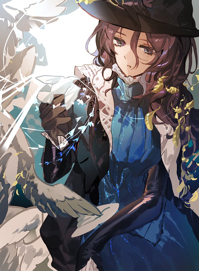 1girl, :o, bird, bird_on_hand, black_cape, black_gloves, black_hair, black_hat