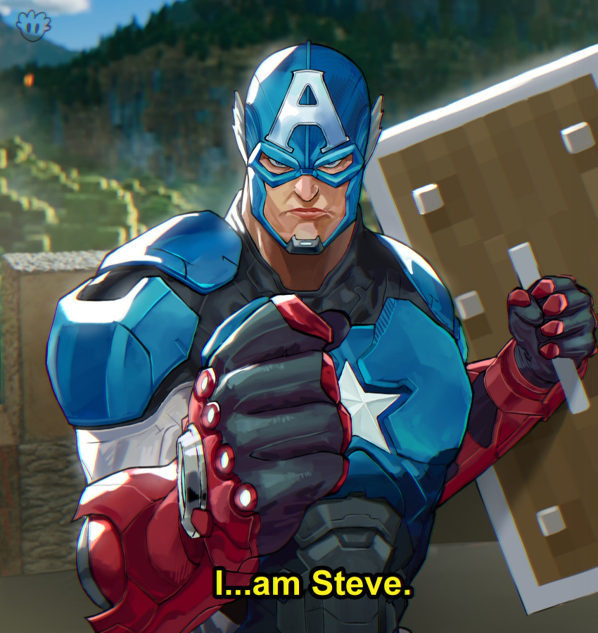 1boy, a_minecraft_movie, absurdres, armor, blue_eyes, blue_helmet, captain_america, captain_america_(series)