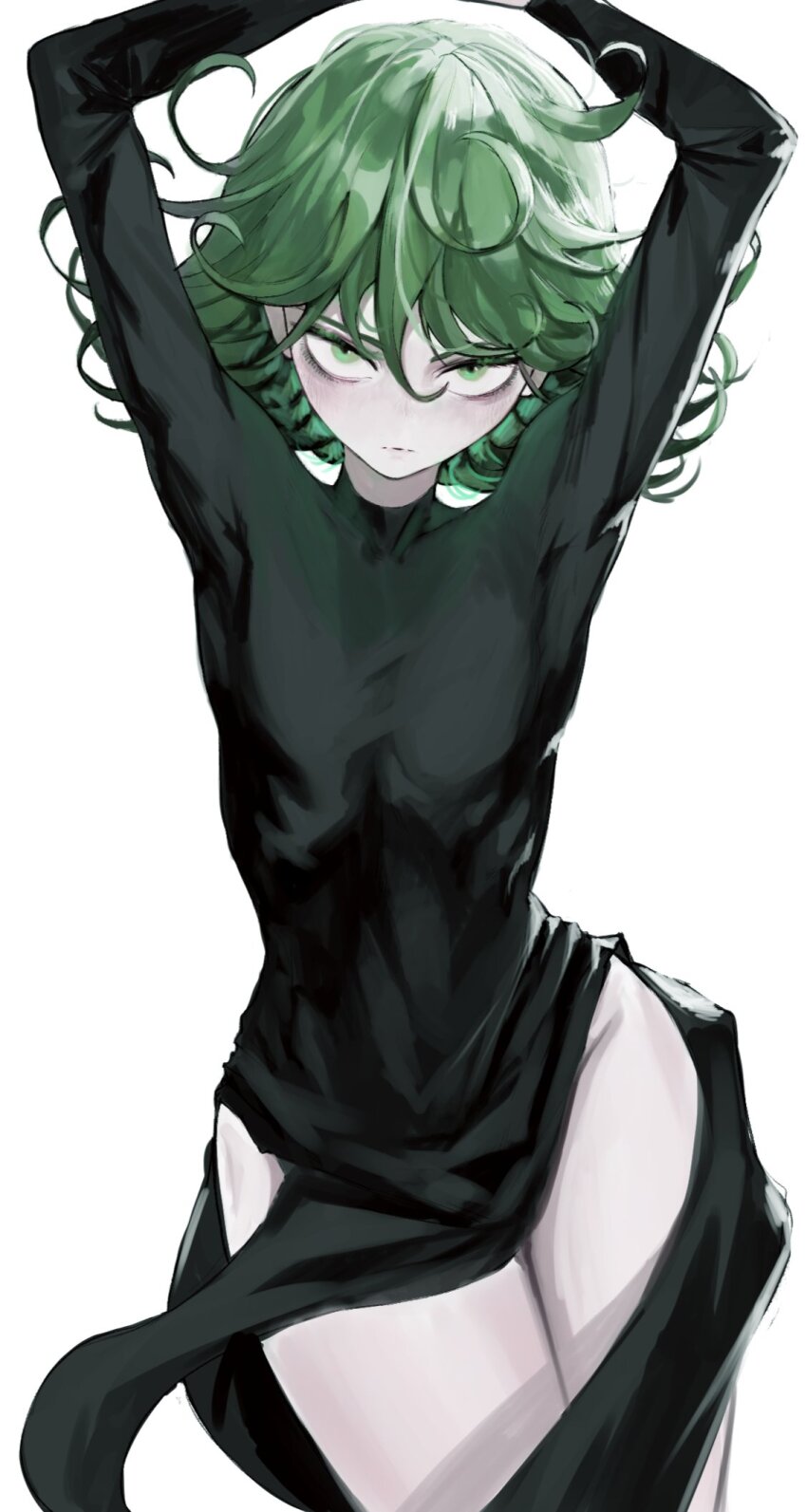 1girl, arms_up, bags_under_eyes, black_dress, dress, flat_chest, frown, green_eyes