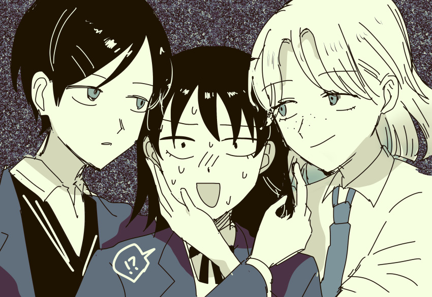 !, !?, 3girls, :d, ?, black_hair, black_sweater, blue_jacket, choppy_bangs, collared_shirt, commentary, eye_contact, freckles, futsuu_no_keion-bu, girl_sandwich, green_eyes, hair_ornament, hairpin, hand_on_another's_cheek, hand_on_another's_face, hatono_chihiro, highres, jacket, kouyama_rin, lapels, looking_at_another, mainichi_genki_hakumai, multiple_girls, neck_ribbon, necktie, nervous, nervous_sweating, notched_lapels, open_mouth, parted_bangs, pixie_cut, ribbon, rivalry, sandwiched, sanpaku, shirt, short_hair, smile, spoken_exclamation_mark, spoken_question_mark, sweat, sweater, tsuru_asaka, upper_body, very_short_hair, white_shirt, yuri