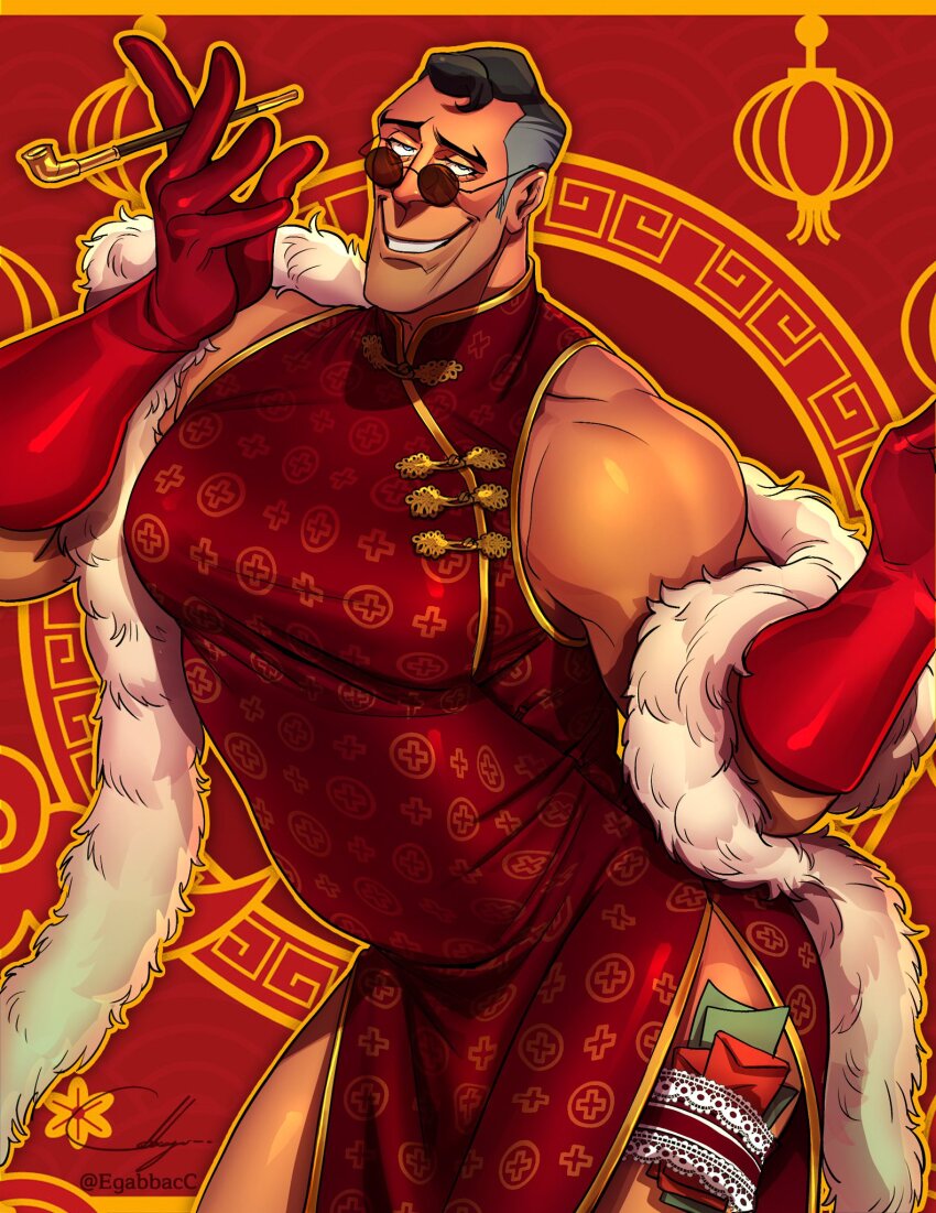 1boy, alternate_costume, arched_back, ass, bara, bare_shoulders, black-tinted_eyewear, black_hair, blue_eyes, cabbage_(ncalabby), china_dress, chinese_background, chinese_clothes, chinese_new_year, collared_dress, covered_pectorals, cowboy_shot, cross, cross_print, crossdressing, crossdressing_(mtf), dress, elbow_gloves, envelope, fur_boa, furrowed_brow, glasses, gloves, gold_trim, grin, hands_up, high_collar, highres, holding, holding_smoking_pipe, kiseru, lace, lace-trimmed_straps, large_pectorals, looking_at_viewer, male_focus, mature_male, medic_(tf2), money, muscular, muscular_male, new_year, opium_pipe, pectorals, red_background, red_dress, red_gloves, red_medic_(tf2), red_strap, short_hair, side_slit, sideways_glance, simple_background, sleeveless, sleeveless_dress, smile, smoking_pipe, solo, team_fortress_2, teeth, thick_thighs, thigh_peek, thigh_strap, thighhighs, thighs, tinted_eyewear, tucked_money, white_fur