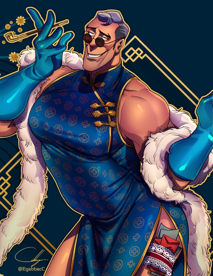 1boy, alternate_costume, alternate_hair_color, arched_back, ass, bara, bare_shoulders, black-tinted_eyewear