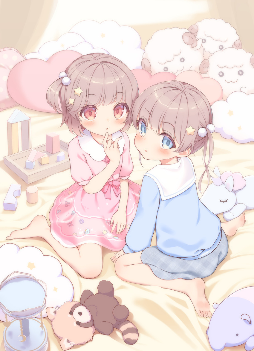 2girls, barefoot, blouse, blue_eyes, blue_shirt, blush, bow, brown_hair